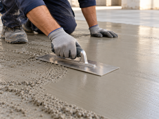 Illustrative scene of gloved hands smoothing cementitious material with a finishing trowel
